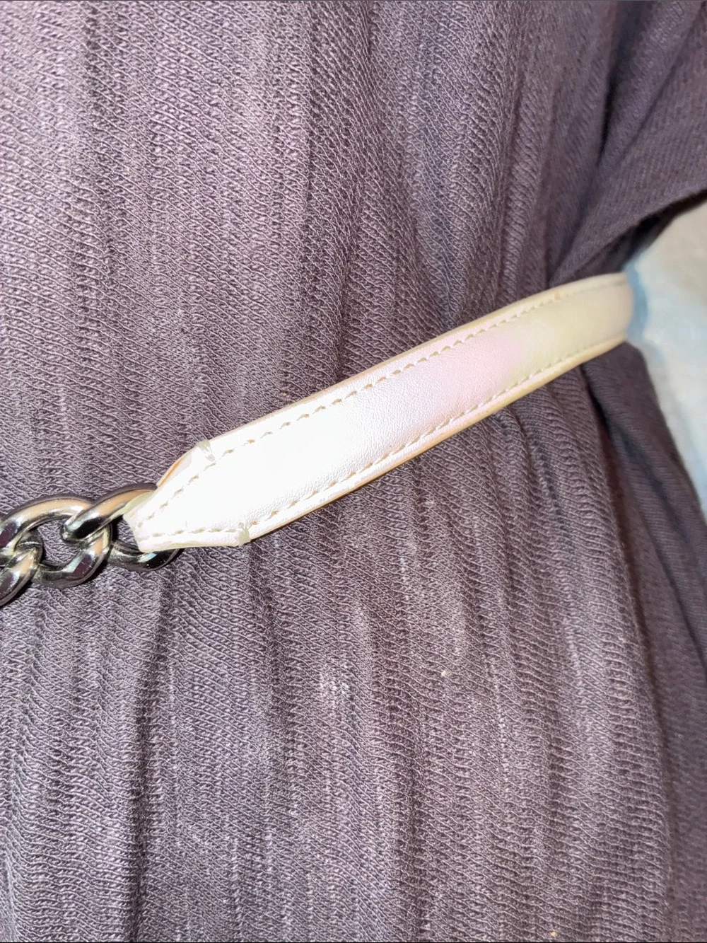 Lauren Ralph Lauren Belt Women S, White Leather Strap, Polished Silver Chain euc